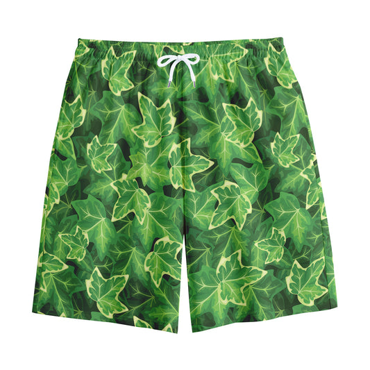 Green Ivy Leaf Pattern Print Cotton Shorts