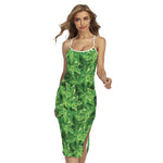 Green Ivy Leaf Pattern Print Cross Back Cami Dress