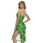 Green Ivy Leaf Pattern Print Cross Back Cami Dress