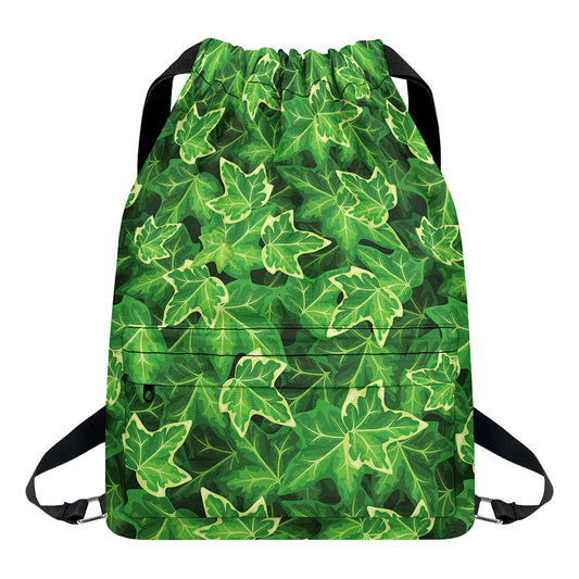 Green Ivy Leaf Pattern Print Drawstring Backpack