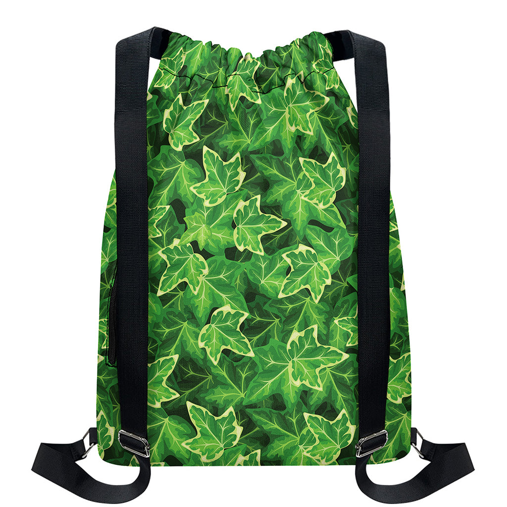 Green Ivy Leaf Pattern Print Drawstring Backpack