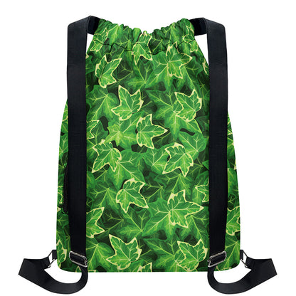Green Ivy Leaf Pattern Print Drawstring Backpack