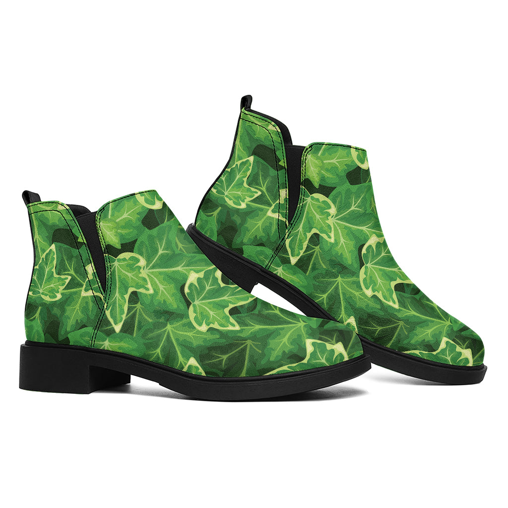 Green Ivy Leaf Pattern Print Flat Ankle Boots