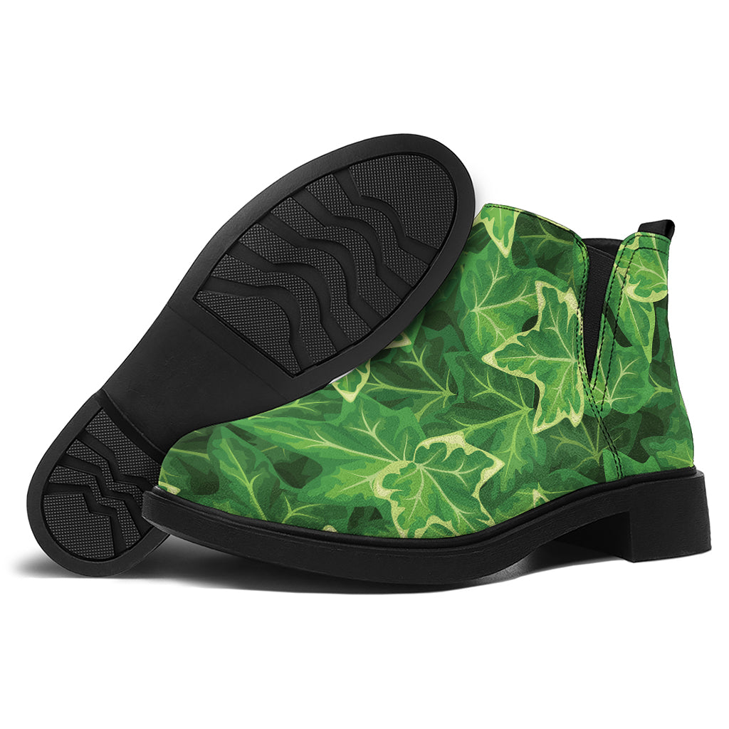 Green Ivy Leaf Pattern Print Flat Ankle Boots