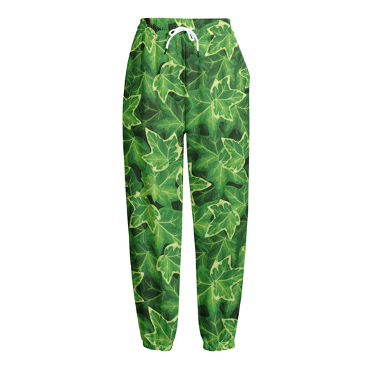 Green Ivy Leaf Pattern Print Fleece Lined Knit Pants