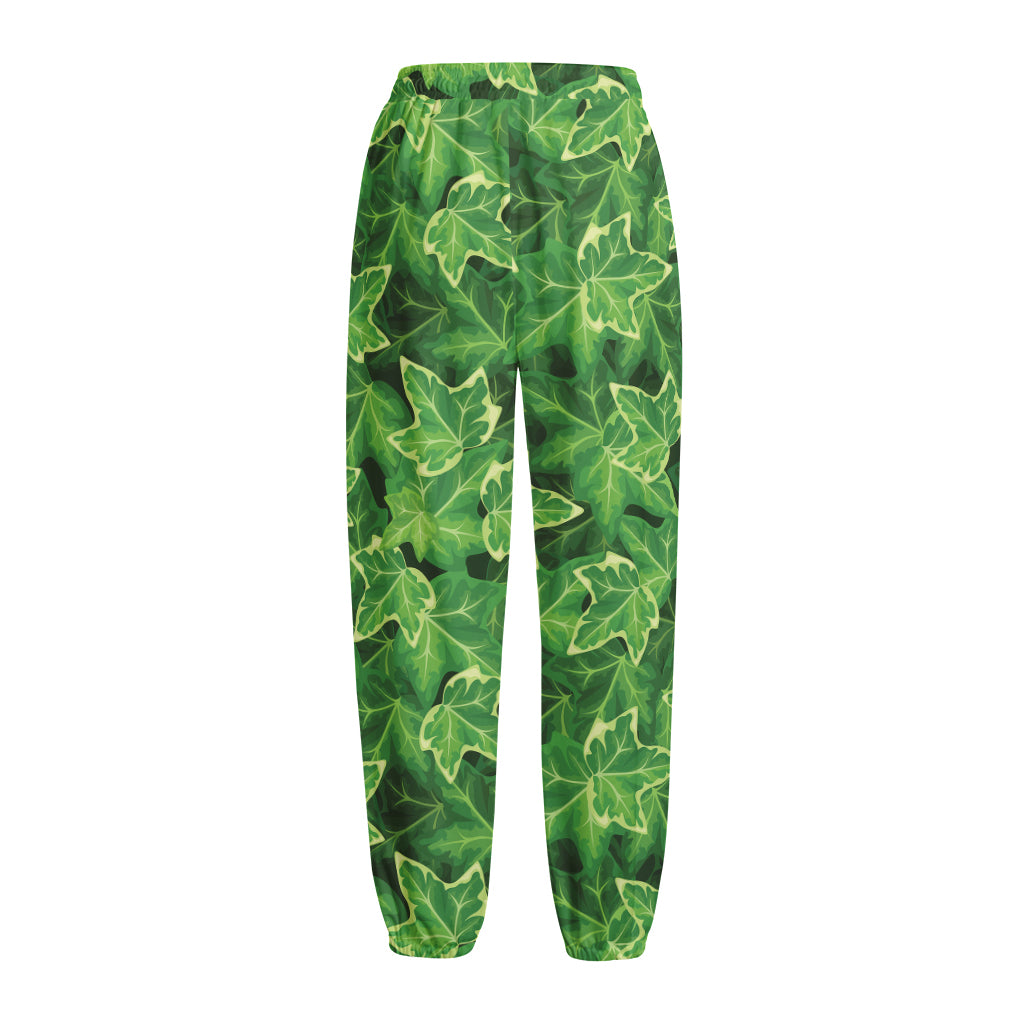 Green Ivy Leaf Pattern Print Fleece Lined Knit Pants