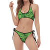 Green Ivy Leaf Pattern Print Halter Scoop Tie Side Bikini
