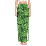 Green Ivy Leaf Pattern Print High Slit Maxi Skirt