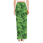 Green Ivy Leaf Pattern Print High Slit Maxi Skirt