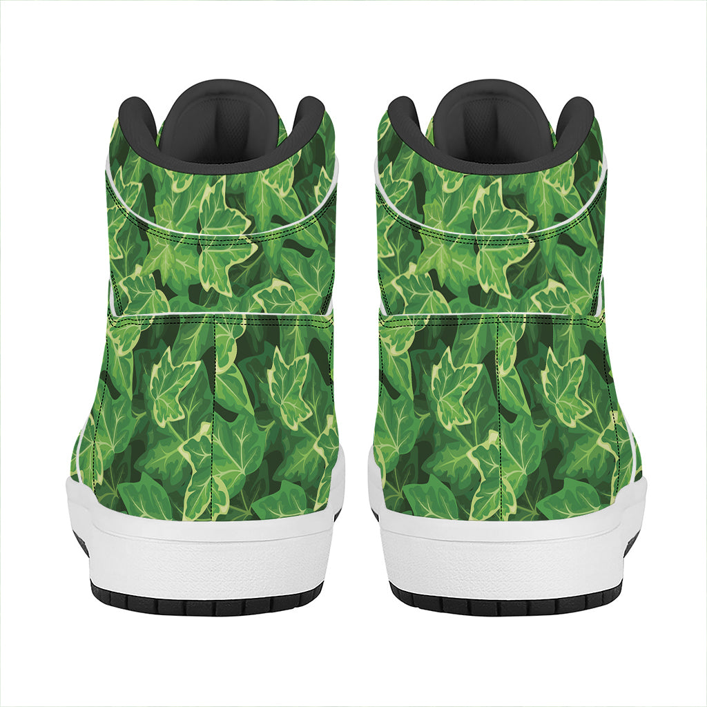 Green Ivy Leaf Pattern Print High Top Leather Sneakers