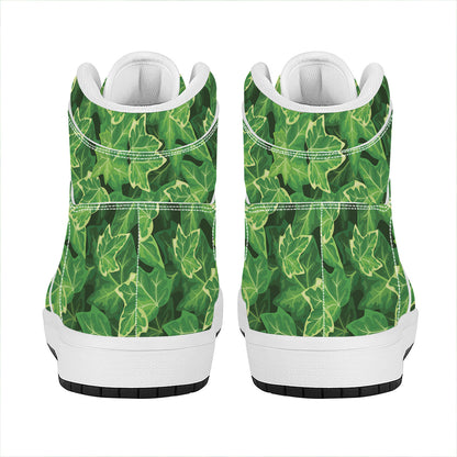 Green Ivy Leaf Pattern Print High Top Leather Sneakers