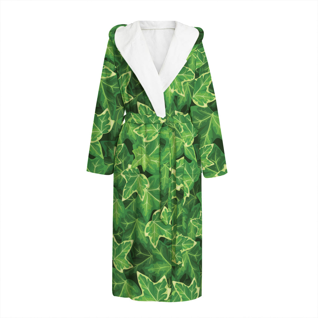 Green Ivy Leaf Pattern Print Hooded Bathrobe