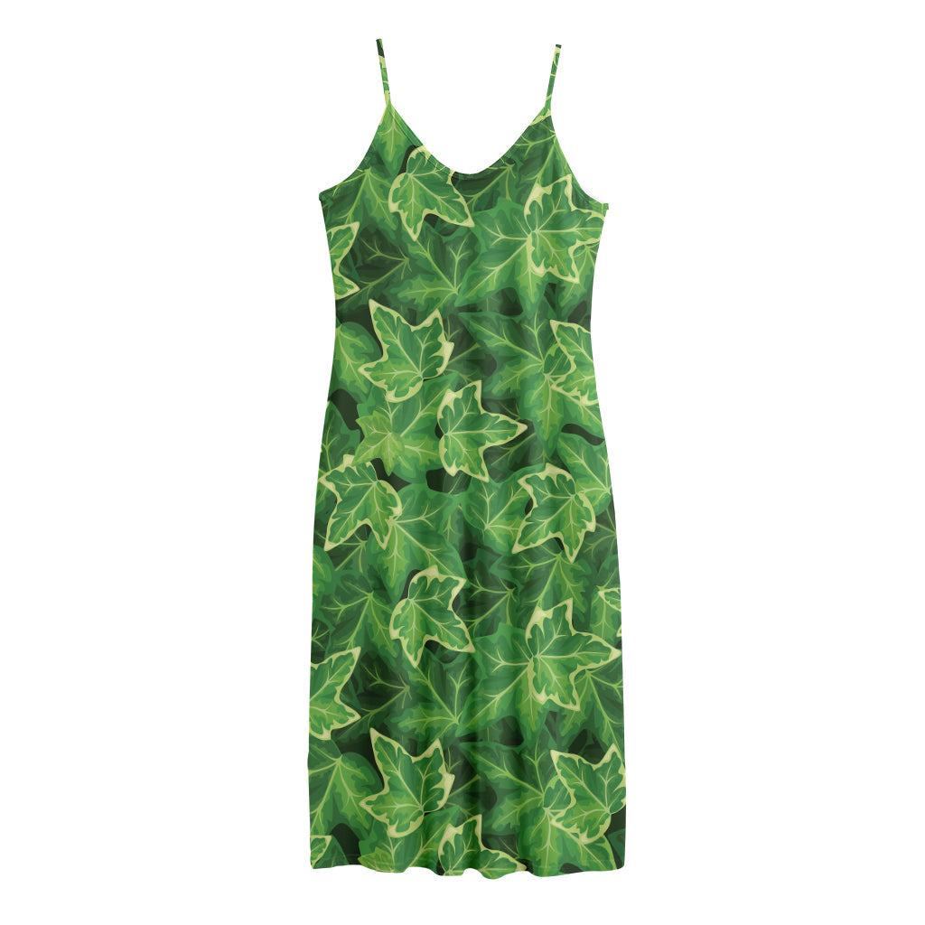 Green Ivy Leaf Pattern Print Jersey Midi Cami Dress