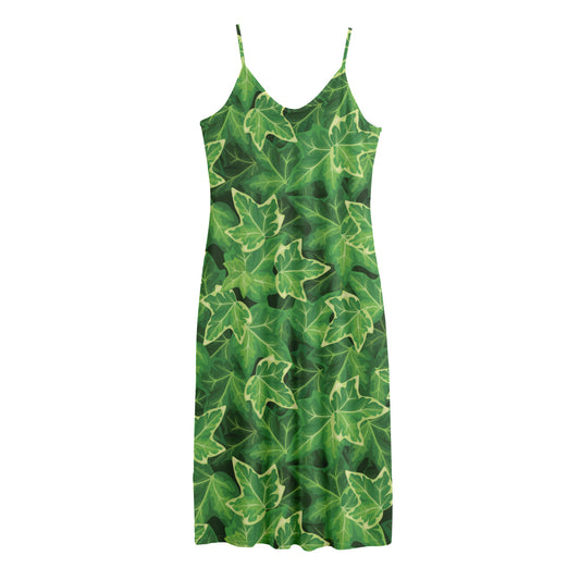 Green Ivy Leaf Pattern Print Jersey Midi Cami Dress