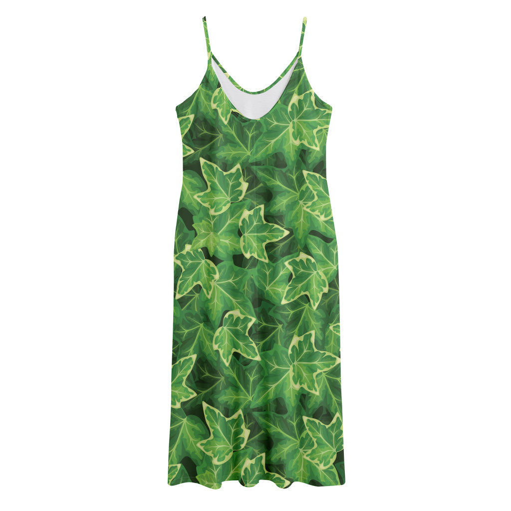 Green Ivy Leaf Pattern Print Jersey Midi Cami Dress