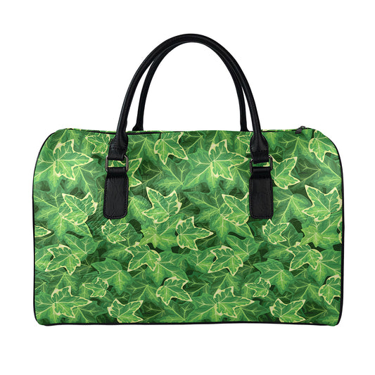Green Ivy Leaf Pattern Print Leather Duffle Bag
