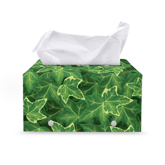 Green Ivy Leaf Pattern Print Leather Tissue Box Cover