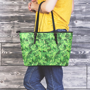 Green Ivy Leaf Pattern Print Leather Tote Bag