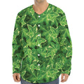 Green Ivy Leaf Pattern Print Long Sleeve Baseball Jersey