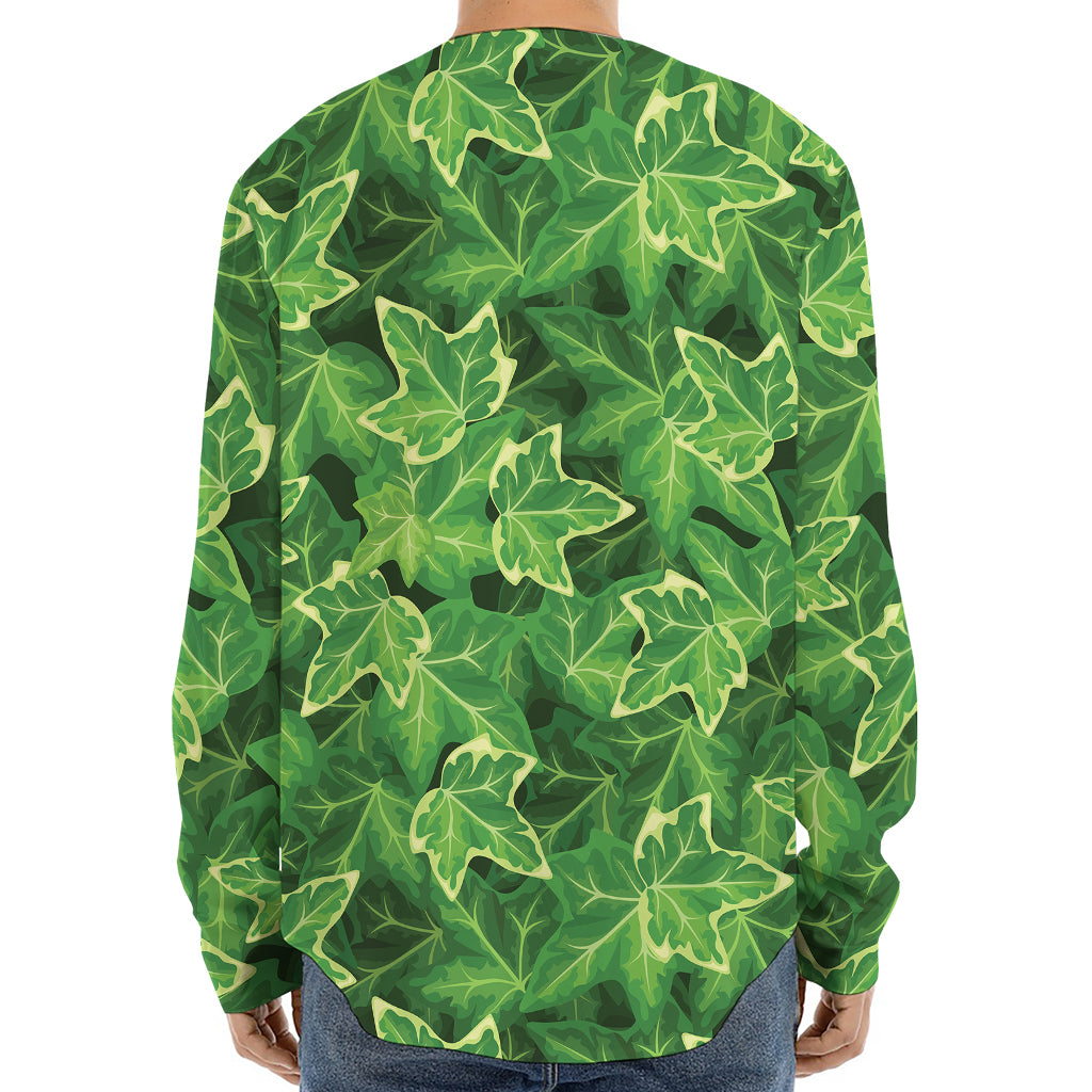 Green Ivy Leaf Pattern Print Long Sleeve Baseball Jersey