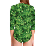 Green Ivy Leaf Pattern Print Long Sleeve Swimsuit