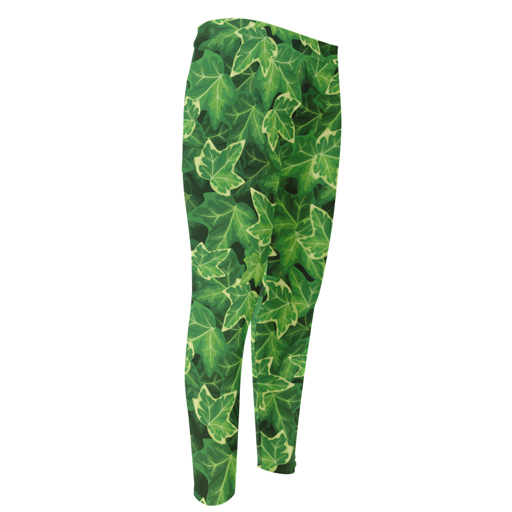 Green Ivy Leaf Pattern Print Men's Compression Pants