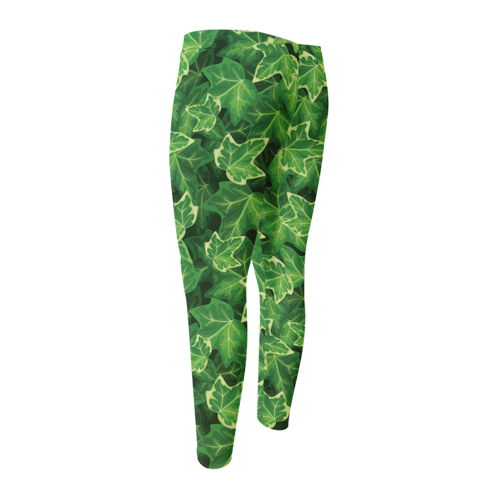 Green Ivy Leaf Pattern Print Men's Compression Pants