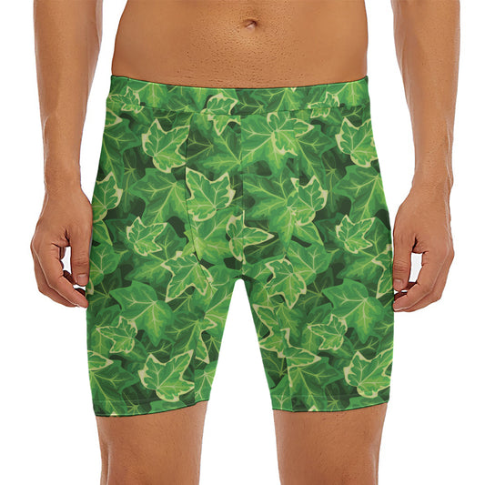Green Ivy Leaf Pattern Print Men's Long Boxer Briefs