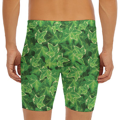 Green Ivy Leaf Pattern Print Men's Long Boxer Briefs