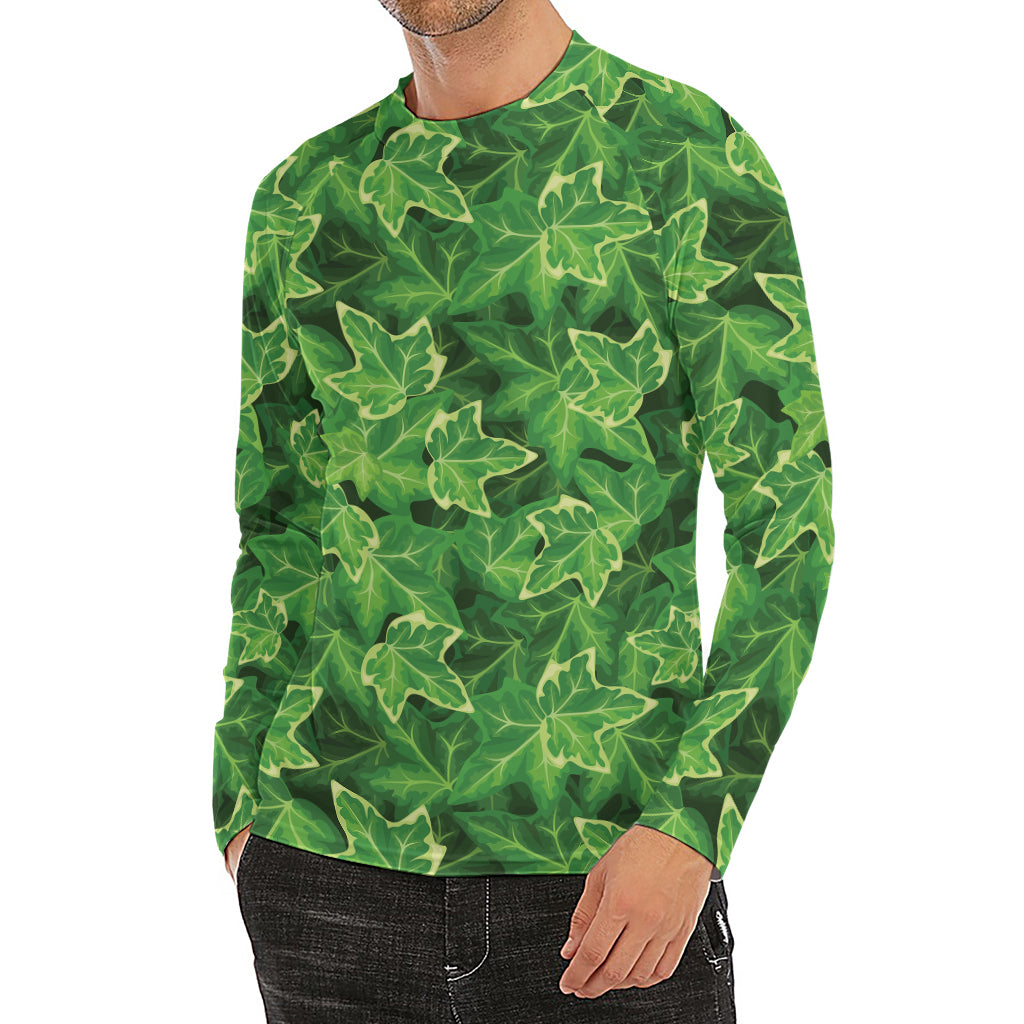 Green Ivy Leaf Pattern Print Men's Long Sleeve Rash Guard