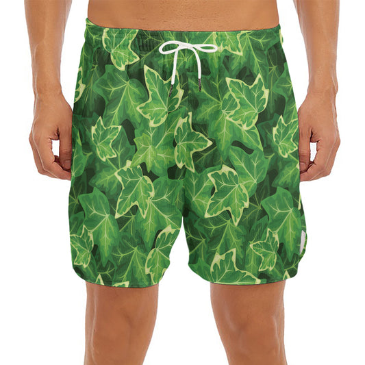 Green Ivy Leaf Pattern Print Men's Split Running Shorts
