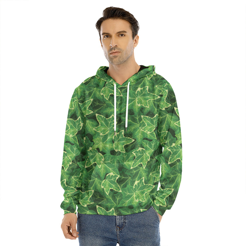 Green Ivy Leaf Pattern Print Men's Velvet Pullover Hoodie