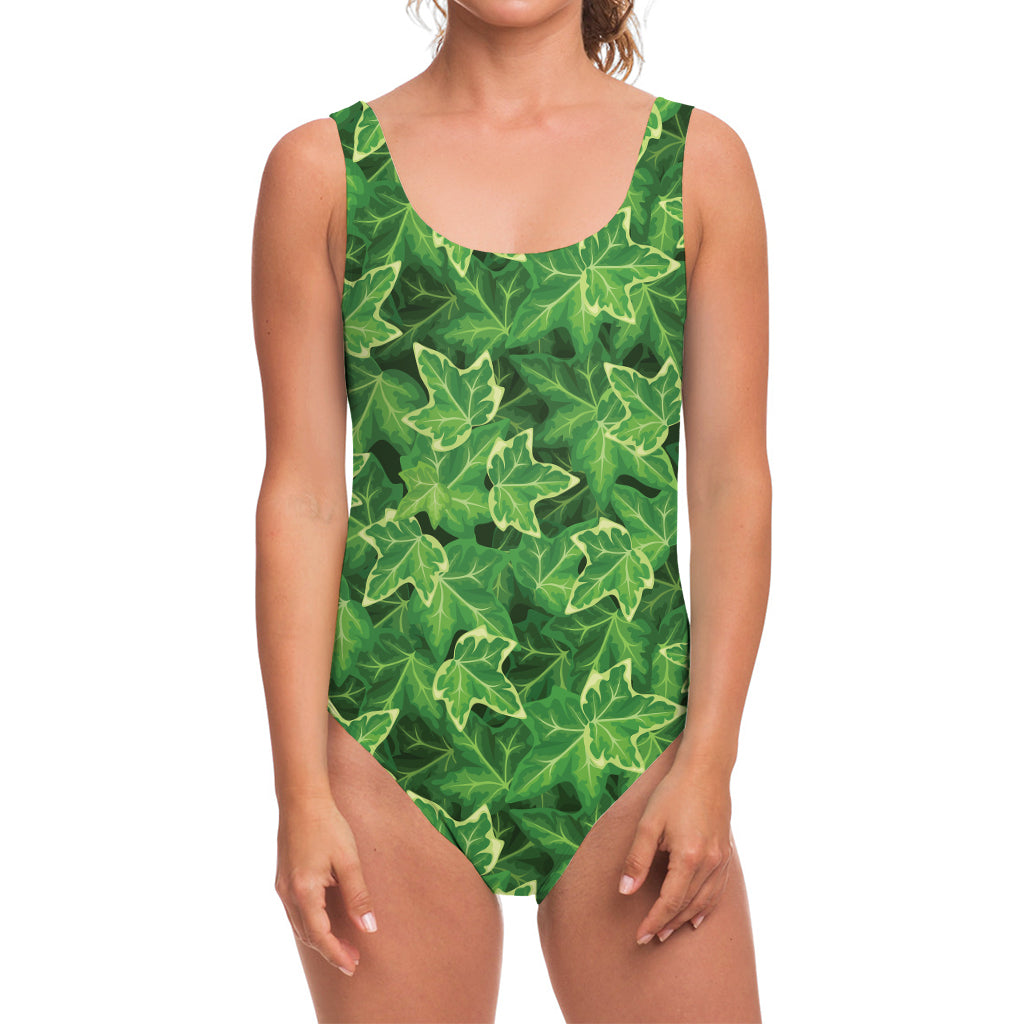 Green Ivy Leaf Pattern Print One Piece Swimsuit