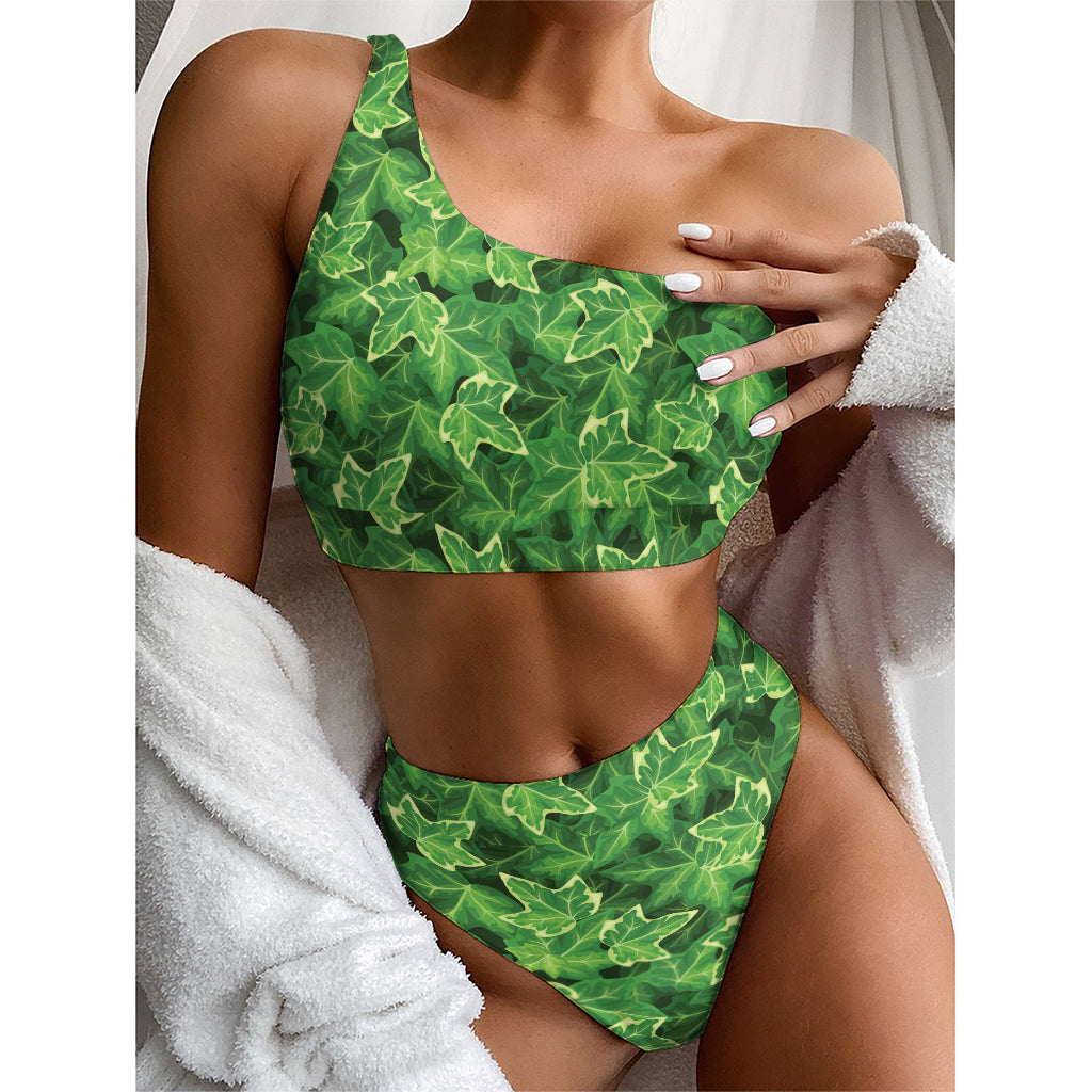 Green Ivy Leaf Pattern Print One Shoulder Bikini Top