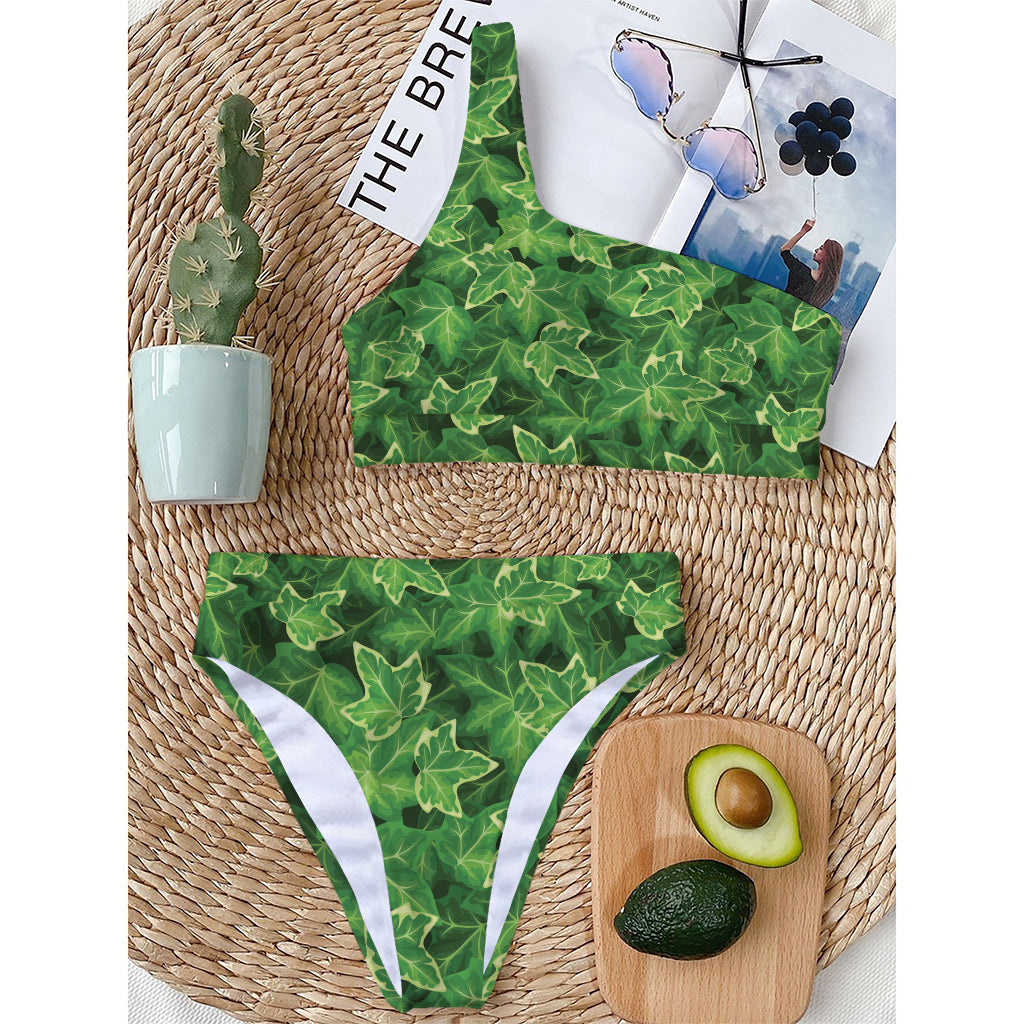 Green Ivy Leaf Pattern Print One Shoulder Bikini Top