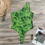 Green Ivy Leaf Pattern Print One Shoulder Bodysuit