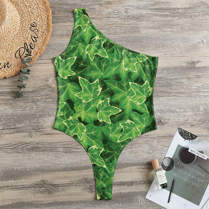 Green Ivy Leaf Pattern Print One Shoulder Bodysuit