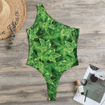 Green Ivy Leaf Pattern Print One Shoulder Bodysuit