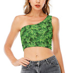 Green Ivy Leaf Pattern Print One Shoulder Crop Top