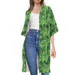 Green Ivy Leaf Pattern Print Open Front Beach Cover Up