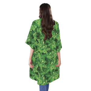 Green Ivy Leaf Pattern Print Open Front Beach Cover Up