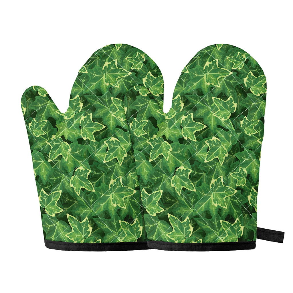 Green Ivy Leaf Pattern Print Oven Mitts