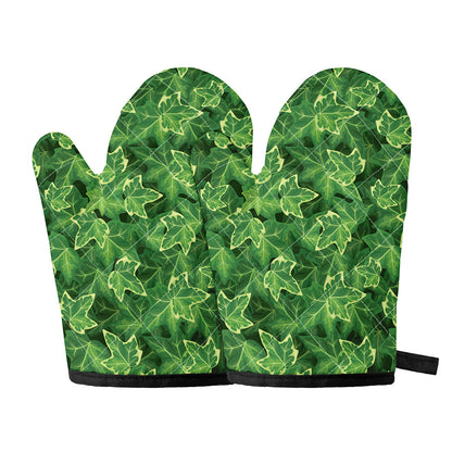 Green Ivy Leaf Pattern Print Oven Mitts