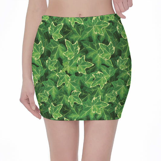 Green Ivy Leaf Pattern Print Pencil Mini Skirt