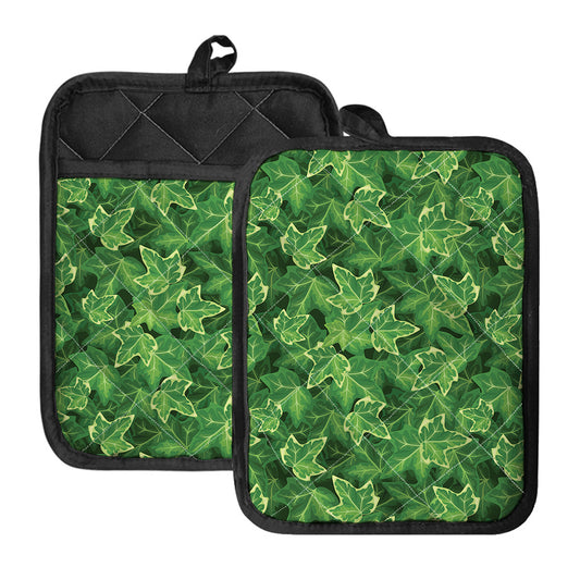 Green Ivy Leaf Pattern Print Pot Holders With Pocket