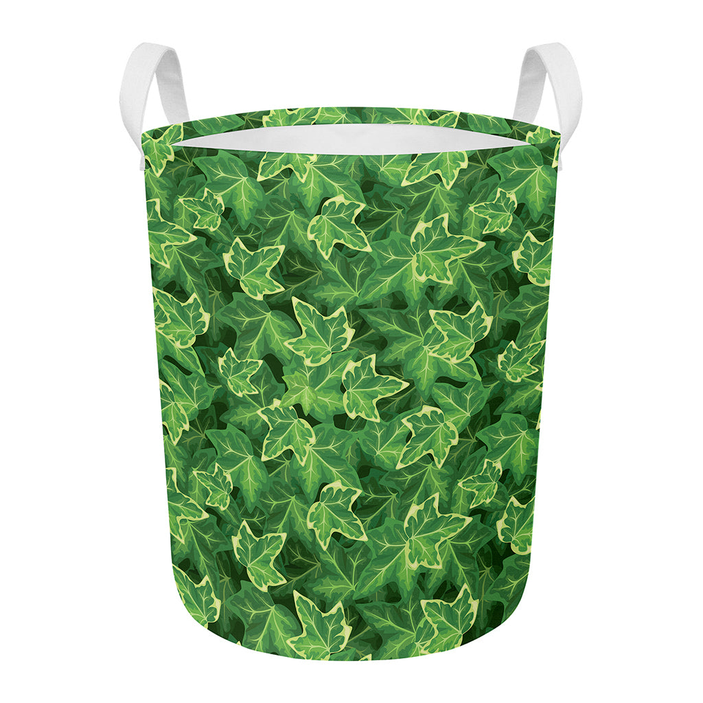 Green Ivy Leaf Pattern Print Round Laundry Basket
