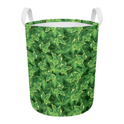 Green Ivy Leaf Pattern Print Round Laundry Basket