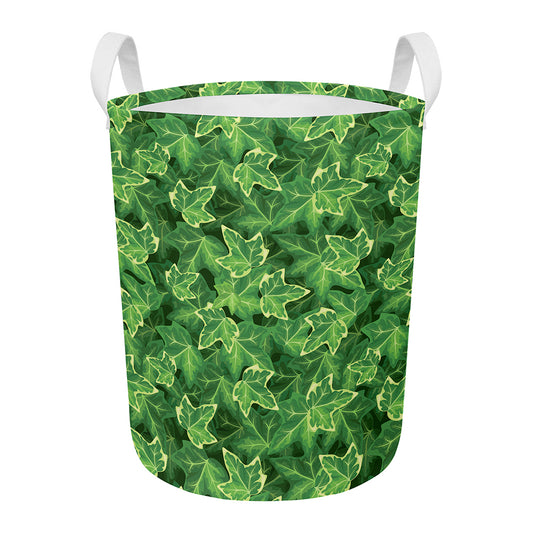 Green Ivy Leaf Pattern Print Round Laundry Basket