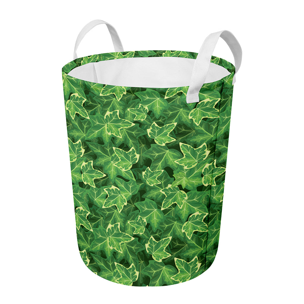Green Ivy Leaf Pattern Print Round Laundry Basket