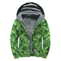 Green Ivy Leaf Pattern Print Sherpa Lined Zip Up Hoodie